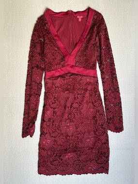 💛 Guess Burgundy Lace Long-Sleeve V-Neck Dress